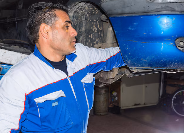 mechanic fixing a car with a blue bumper